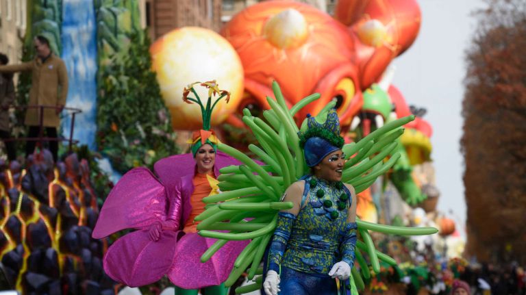 The Skylanders Eruptor balloon floats above Central Park West on Thursday, Nov. 24, 2016, as the 90th annual Macy's Thanksgiving Day Parade steps off in Manhattan.