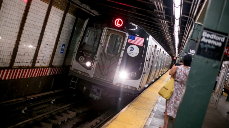 The L train arrives at the Bedford Avenue station in Williamsburg, Brooklyn, on July 26, 2016.