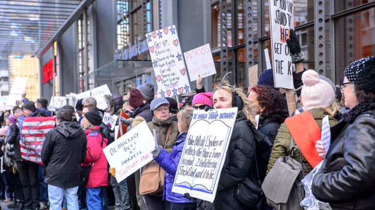 Protesters gather outside the New York Times building in midtown Manhattan for the March for a Free Press on Feb. 26, 2017.