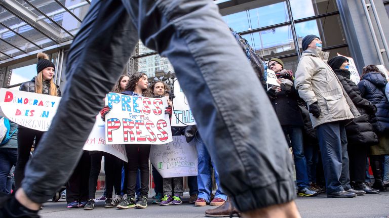 Scene of the rally outside outside the New York Times building in midtown Manhattan, where protesters gathered for the March for a Free Press on Feb. 26, 2017.