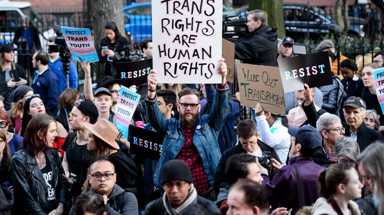 Thousands rally in support of transgender youth at the Stonewall National Monument in Manhattan, Thursday, Feb. 23, 2017.