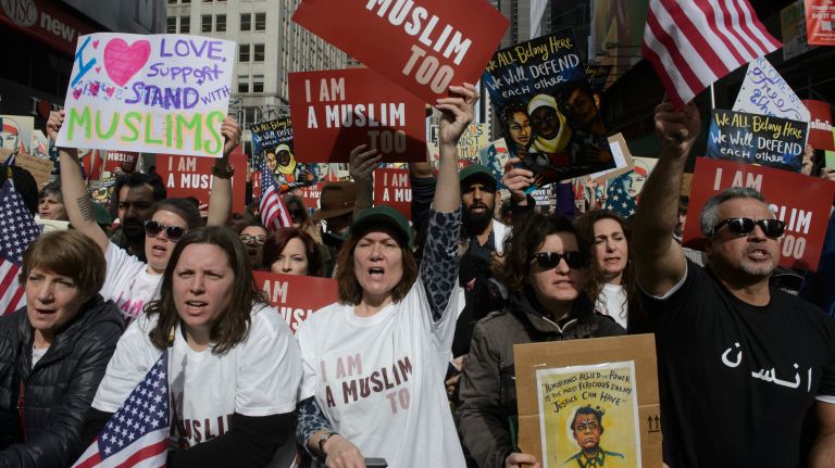 New Yorkers of all faiths and ethnic backgrounds gather at the I Am A Muslim Too rally in Times Square on Feb. 19, 2017. 
