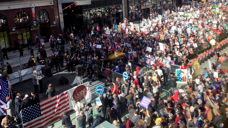 A crowd gathers in Times Square to listen to speakers at the I Am A Muslim Too rally on Feb. 19, 2017.