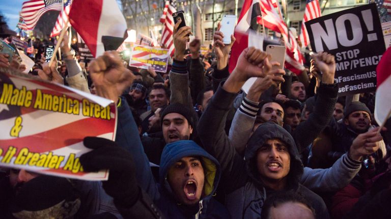 The Yemeni-American community rallies at Brooklyn Borough Hall against President Donald Trump's immigration travel ban on Feb. 2, 2017.