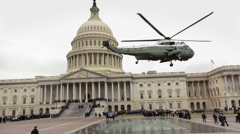 The presidential helicopter carrying former President Barack Obama and Michelle Obama departs the U.S. Capitol following the swearing-in of Donald Trump as the 45th president of the United States on Friday, Jan. 20, 2017.
