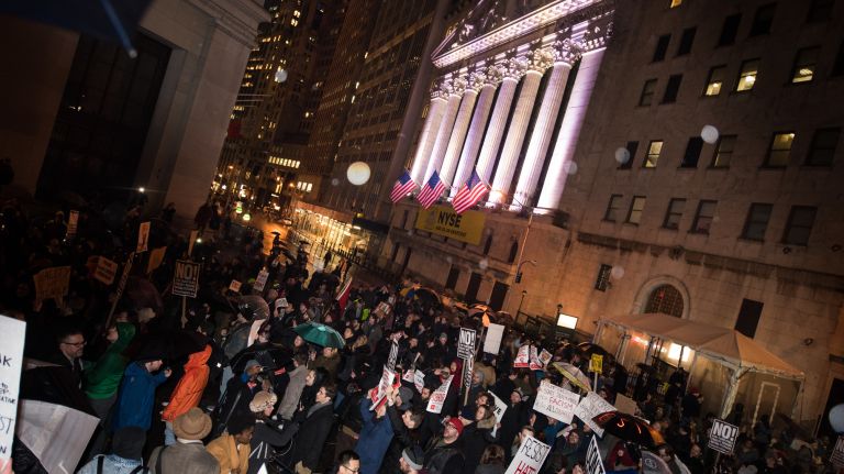Anti-Trump demonstrators at the rally and march from Foley Square to the Trump Building at 40 Wall St. in Manhattan on Jan. 20, 2017.