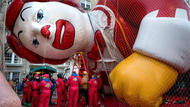 The Ronald McDonald balloon is inflated along 79th Street in Manhattan on Wednesday, Nov. 22, 2017, the day before the kickoff of the Macy's Thanksgiving Parade on Thursday.