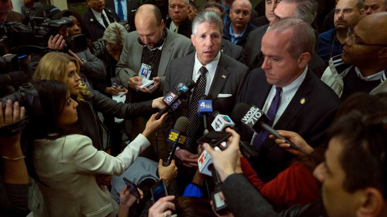 Bronx police shooting: Photos from the scene and more 31 Patrolmen's union chief Patrick Lynch, left, and sergeants union leader Ed Mullins, talk with reporters Friday, Nov. 4, 2016, at Jacobi Medical Center after a shooting in the Bronx that claimed the life of one sergeant and wounded another. Lynch is president of the NYPD Patrolmen's Benevolent Association, and Mullins heads the Sergeants Benevolent Association.