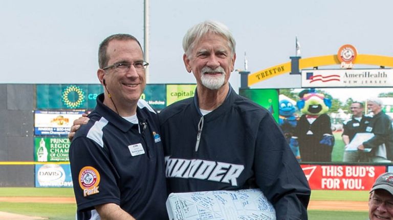 Longtime Trenton Thunder photographer Dave Schofield, right, was inducted by the team into the Trenton Baseball Hall of Fame on July 1 at Arm & Hammer Park in Trenton, New Jersey.