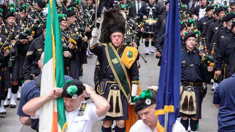Pipers march in the parade on Friday, Sept. 9, 2016, to honor NYPD officers who died in the 9/11 terror attacks.