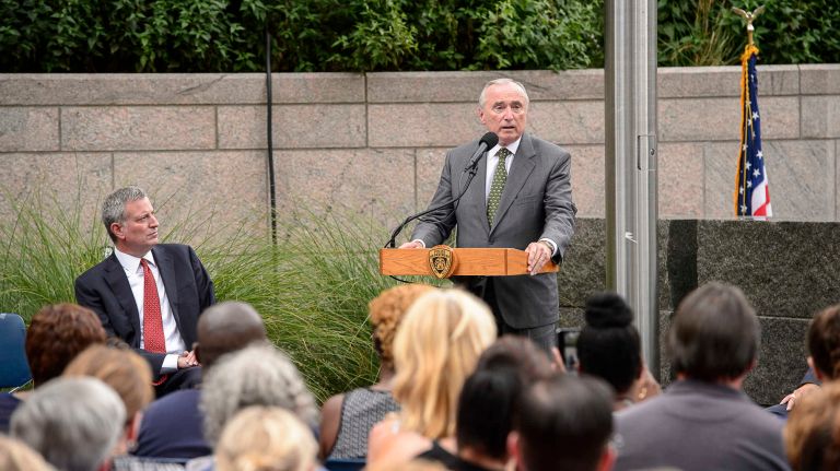 NYPD Commissioner William Bratton speaks during the ceremony to honor NYPD officers who died in the 9/11 terror attacks, at the Battery Park Police Memorial on Friday, Sept. 9, 2016. 