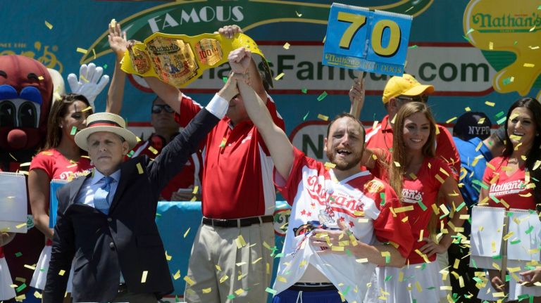 Nathan’s Hot Dog Eating Contest in Coney Island: Joey Chestnut and Miki Sudo are top dogs 1 Joey Chestnut eats 70 hot dogs to win Nathan's Famous Fourth of July International Hot Dog Eating Contest in Coney Island, Brooklyn, on Monday, July 4, 2016. This year marks the 100th anniversary of the annual Fourth of July hotdog-eating contest.