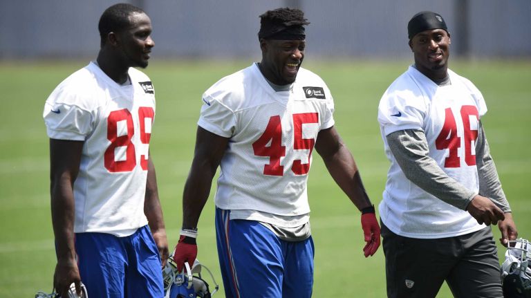 New York Giants tight end Jerrell Adams, tight end Will Tye and fullback Will Johnson are seen during the Giants Organized Team Activities at Quest Diagnostics Training Center on Wednesday, June 1, 2016.