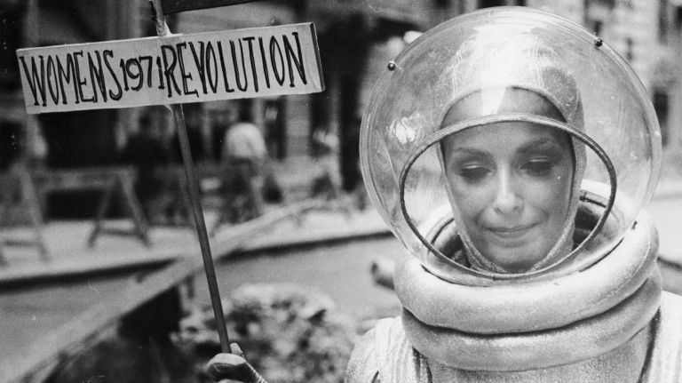 On Aug. 26, 1971, thousands of women demonstrated and leafleted in various places in Manhattan, including Wall Street and St. Patrick's Cathedral. The Women's Rights Day activities culminated in a parade of nearly 6,000 people, including this woman, down Fifth Avenue in support of equal rights.