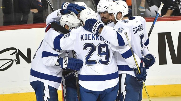 Tampa Bay Lightning players celebrate the tying goal in the third period in Game 3 of the Eastern Conference semifinals against the New York Islanders on Tuesday, May 3, 2016 at Barclays Center.