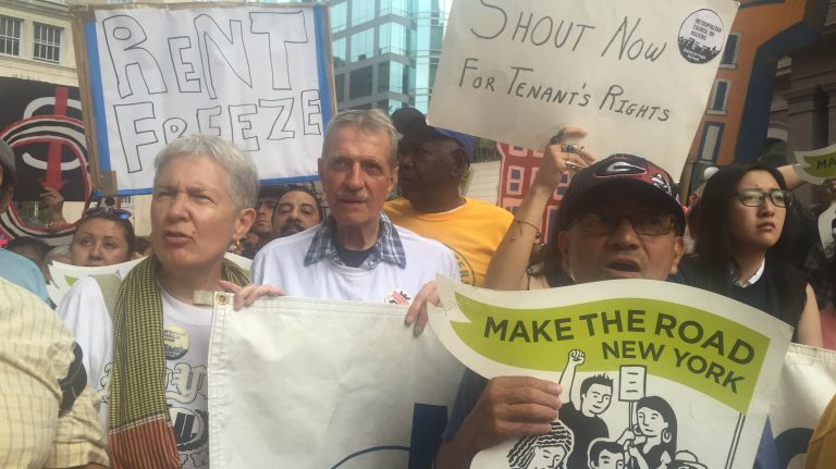 The NYC Rent Guidelines Board voted to freeze rent for one-year rent-stabilized leases and increase two-year leases by 2 percent on Monday, June 28, 2016. Here, New Yorkers stand outside of the Rent Guidelines Board meeting in Cooper Square.