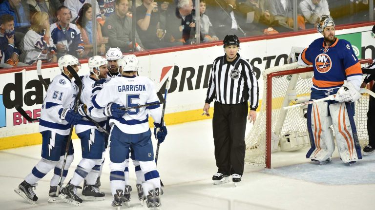 Tampa Bay Lightning right wing Ryan Callahan (24) celebrates with teammates after scoring a game-tying goal in the first period in Game 3 of the Eastern Conference semifinals against the New York Islanders on Tuesday, May 3, 2016 at Barclays Center.