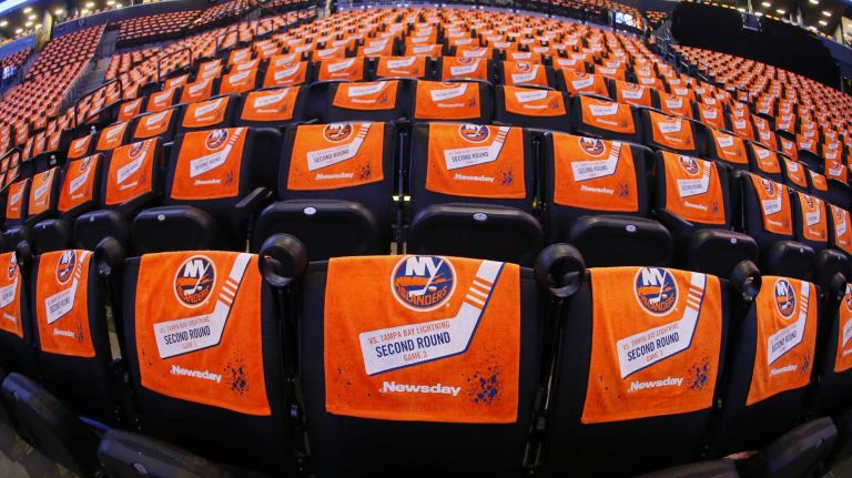 Rally towels sit on every sit ahead of Game 3 of the Eastern Conference semifinals between the New York Islanders and the Tampa Bay Lightning on Tuesday, May 3, 2016 at Barclays Center.