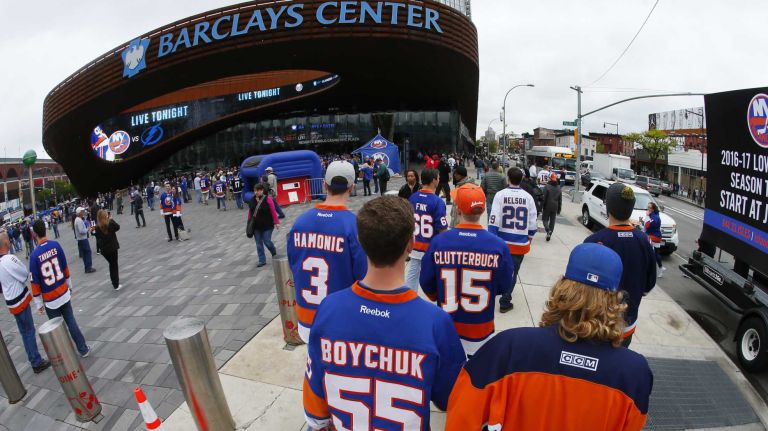 Fans begin to arrive at Barclays Center before Game 3 of the Eastern Conference semifinals between the New York Islanders and the Tampa Bay Lightning on Tuesday, May 3, 2016 at Barclays Center.