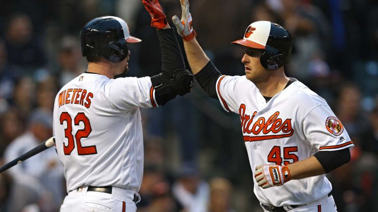 Yankees vs. Orioles 13 Mark Trumbo #45 of the Baltimore Orioles celebrates with teammate Matt Wieters #32 after hitting a home run in the second inning against the New York Yankees at Oriole Park at Camden Yards on May 3, 2016 in Baltimore.