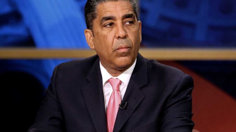 New York State Senator Adriano Espaillat pauses before a televised debate at NY 1 in Manhattan.