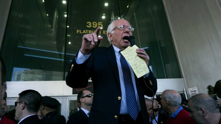 Bernie Sanders joins a picket line of Verizon workers who were striking outside the company's office in Brooklyn on April 13, 2016.