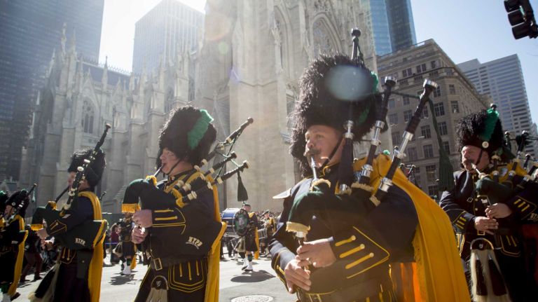 Bagpipers march up Fifth Avenue during the St. Patrick's Day Parade in Manhattan on March 17, 2016.