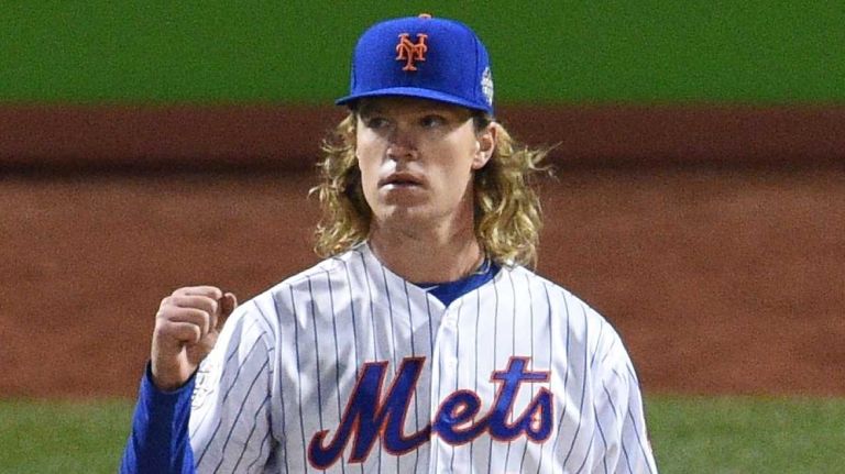 New York Mets starting pitcher Noah Syndergaard reacts after the third out in the top of the fifth inning during Game 3 of the World Series against the Kansas City Royals at Citi Field on Friday, Oct. 30, 2015.