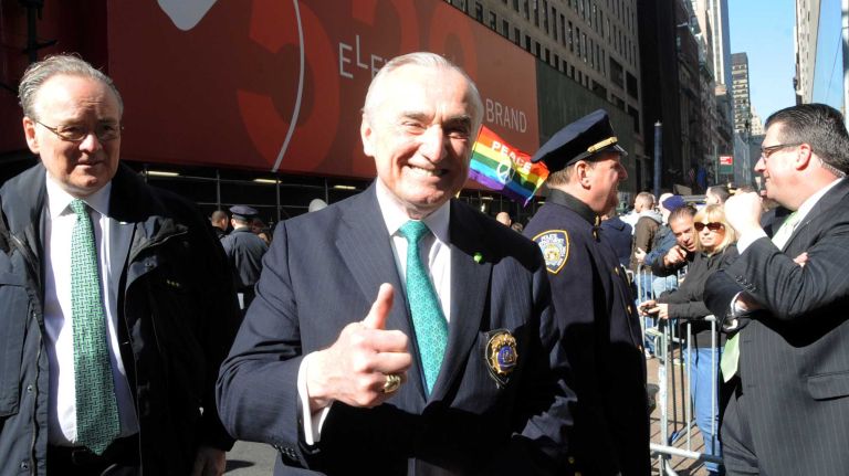 New York City Police Commissioner William Bratton prepares to march in the St. Patrick's Day parade on Thursday, March 17, 2016.