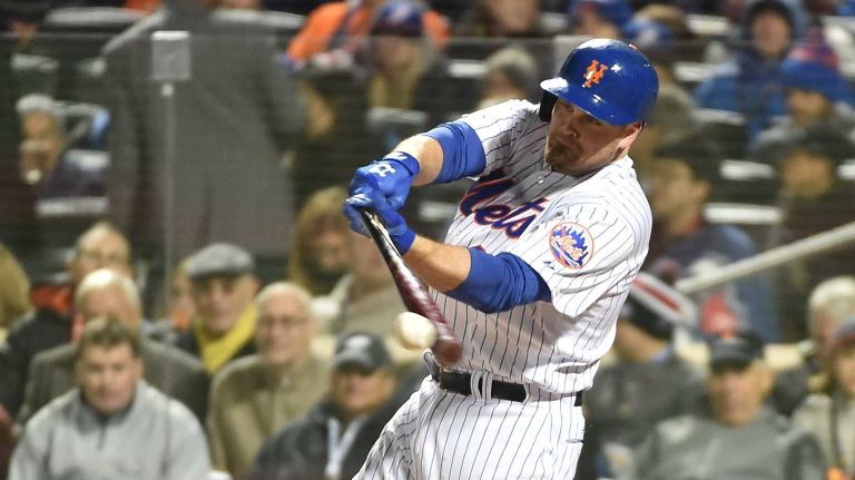 New York Mets first baseman Lucas Duda with the single in the fourth inning during Game 3 of the World Series against the Kansas City Royals at Citi Field on Friday, Oct. 30, 2015.