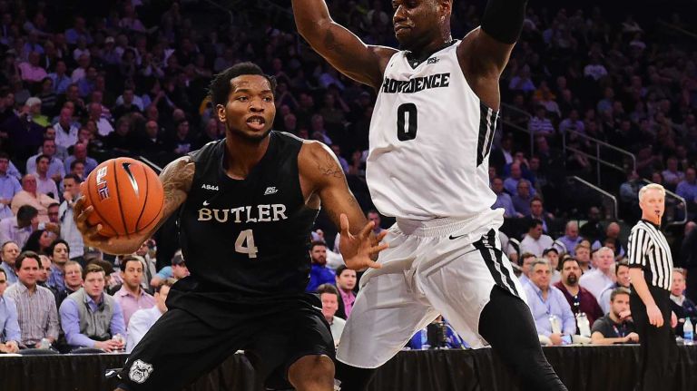 Butler forward Tyler Wideman (4) is defended by Providence forward Ben Bentil (0) during the Big East Tournament at Madison Square Garden in New York, New York on Thursday, Mar 10, 2016. Big East Basketball Tournament between #5 Butler and #4 Providence.