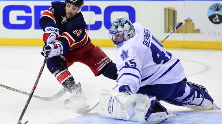 New York Rangers center Derick Brassard (16) takes a shot on Toronto Maple Leafs goalie Jonathan Bernier (45) during the first period of a game at Madison Square Garden on Friday, Oct 30, 2015.