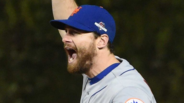 New York Mets second baseman Daniel Murphy celebrates the team's NLCS victory over the Chicago Cubs at Wrigley Field on Wednesday, Oct. 21, 2015.