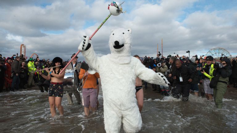 A man dressed as a polar bear walks into the ocean during the annual Coney Island Polar Bear Club New Year's Day swim on Jan. 1, 2016. 