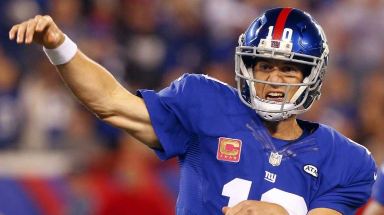 Eli Manning of the New York Giants throws a pass in the first half against the San Francisco 49ers at MetLife Stadium on Sunday, Oct. 11, 2015 in East Rutherford, N.J.