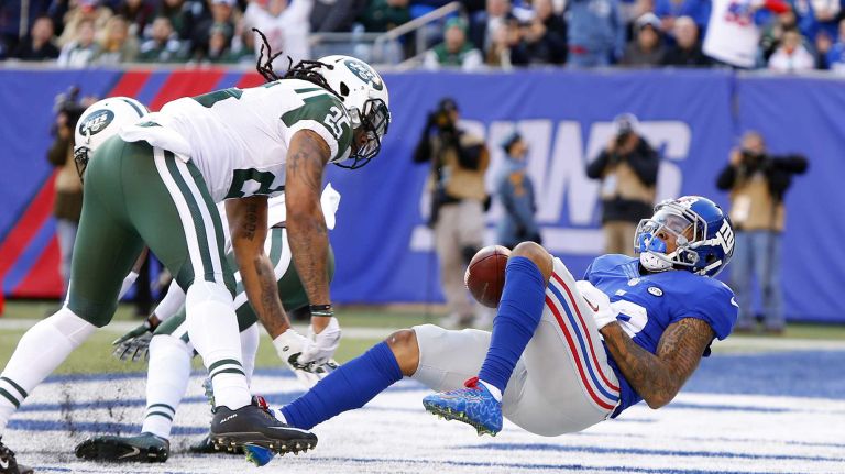 Odell Beckham #13 of the New York Giants can't hold onto the ball in the end zone late in the first half against Calvin Pryor #25 of the New York Jets at MetLife Stadium on Dec. 6, 2015 in East Rutherford, N.J.