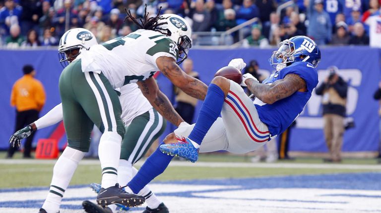 Odell Beckham #13 of the New York Giants can't hold onto the ball in the end zone late in the first half against Calvin Pryor #25 of the New York Jets at MetLife Stadium on Dec. 6, 2015 in East Rutherford, N.J.