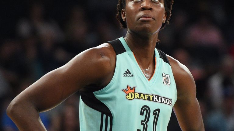 New York Liberty center Tina Charles looks on against the Minnesota Lynx in a WNBA basketball game at Madison Square Garden on Tuesday, May 31, 2016.





 



 













