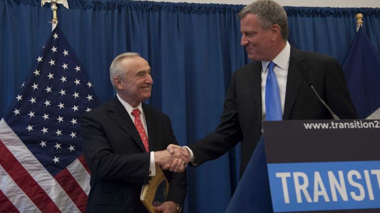 Mayor-elect Bill de Blasio, right, holds a press conference to announce his appointment of William J. Bratton, left, to serve as New York City's next police commissioner. (Dec. 4, 2013)