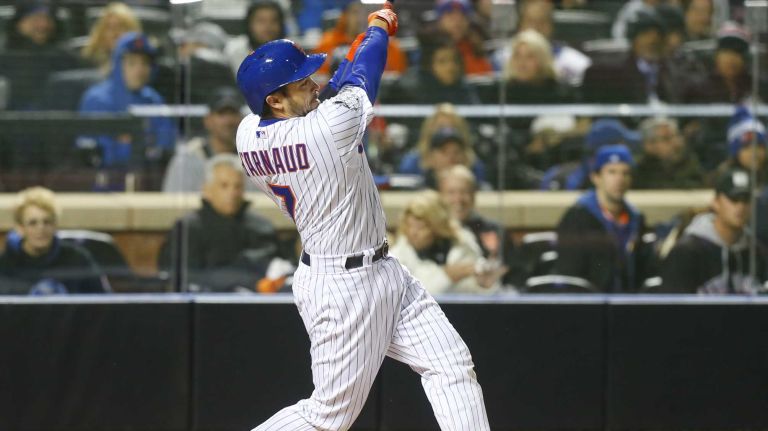 New York Mets catcher Travis d'Arnaud with the double in the fourth inning during Game 3 of the World Series against the Kansas City Royals at Citi Field on Friday, Oct. 30, 2015.
