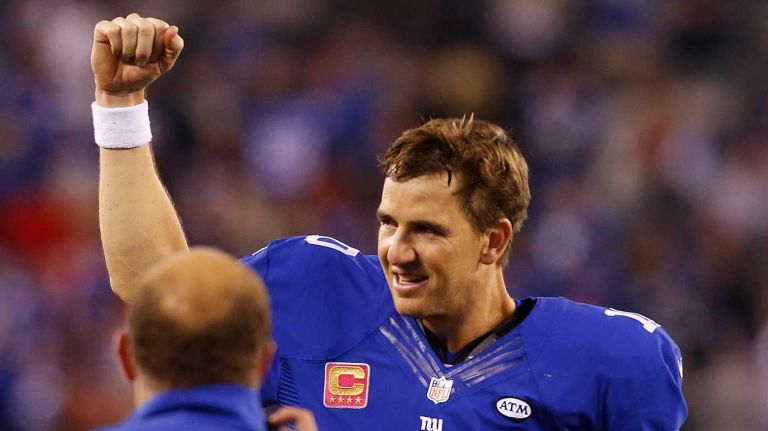Eli Manning #10 of the New York Giants celebrates a win over the San Francisco 49ers at MetLife Stadium on Sunday, Oct. 11, 2015 in East Rutherford, N.J.