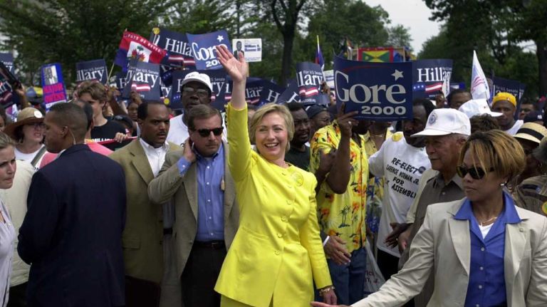 Hillary Clinton greets supporters during the annual West Indies Day Parade in Brooklyn. (Sept. 4, 2000)