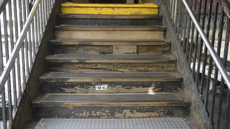 A state of disrepair is visible at the 7 train 52 Street-Lincoln Avenue subway station in Queens, on Wednesday, September 02, 2015. An analysis by the Citizen Budget Commission found that the 52 Street-Lincoln Avenue subway station was one of the worst stations because it has 'components' in disrepair, such as platforms and stairs.