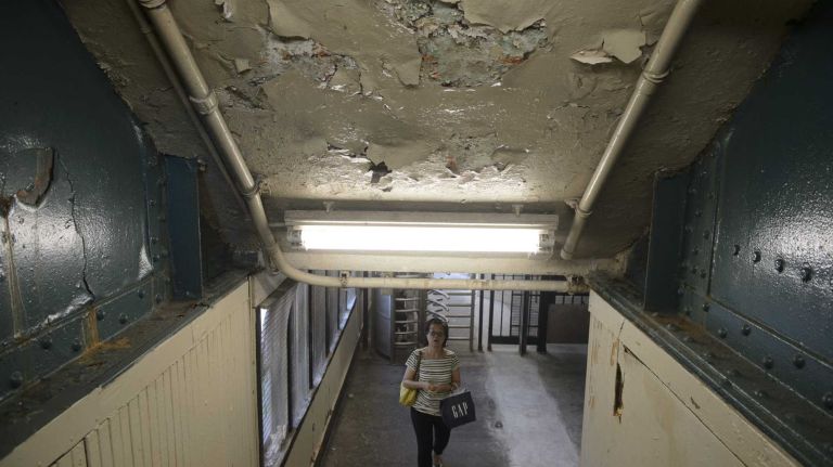 A state of disrepair is visible at the 7 train 52 Street-Lincoln Avenue subway station in Queens, on Wednesday, September 02, 2015. An analysis by the Citizen Budget Commission found that the 52 Street-Lincoln Avenue subway station was one of the worst stations because it has 'components' in disrepair, such as platforms and stairs.