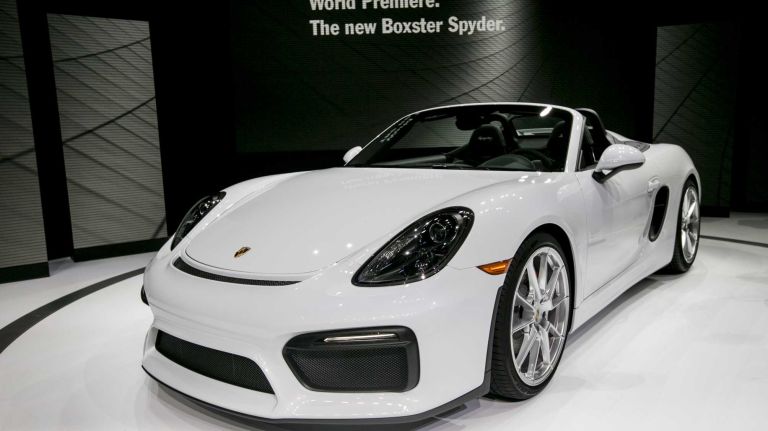 The 2016 Porsche Boxster Spyder debuted at the 2015 New York auto show, and there's a lot to appreciate. The car puts out 375 hp with the 3.8L 911 Carrera S engine inside. Prices start at $82,100.