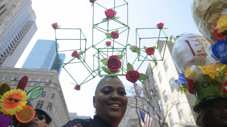 Pat Llano of Manhattan models her hat during the annual Easter Parade and Bonnet Festival on Fifth Avenue in Manhattan, Sunday, April 05, 2015. The pageant is a New York City tradition that stretches back to the 1870s.
