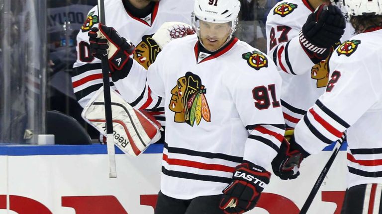 Brad Richards of the Chicago Blackhawks celebrates his third-period goal against the New York Rangers at Madison Square Garden on Wednesday, March 18, 2015.