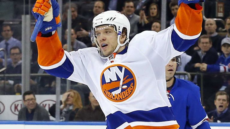 Nikolay Kulemin of the New York Islanders celebrates his second-period goal against the New York Rangers at Madison Square Garden on Tuesday, Jan. 13, 2015.
