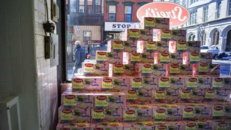 Boxes of matzo are stacked up in the storefront shop at Streit's Matzo Factory on Rivington Steet in Manhattan on Monday, March 9, 2015. The factory, a long-established part of the Lower East Side since 1925, is planning to leave the spot by this summer.