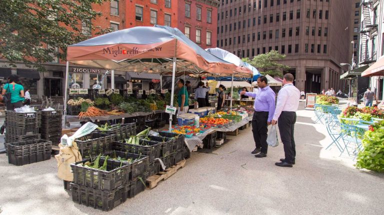 New Yorkers shop at a farmer's market in Manhattan's Financial District on Aug. 20, 2015.